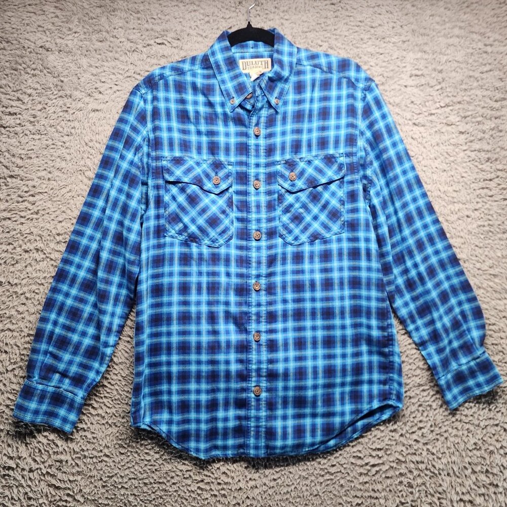 Duluth Shirt Mens Small Blue Plaid Button-Down Cotton Polyester Long Sleeve